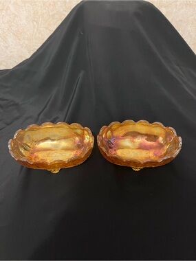 Amber Iridescent Glass Serving Bowls - Set of 2
